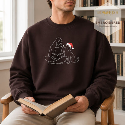 Reading With My Dog Christmas Embroidered Sweatshirt | Dog Lover Reader Gift Dark Chocolate