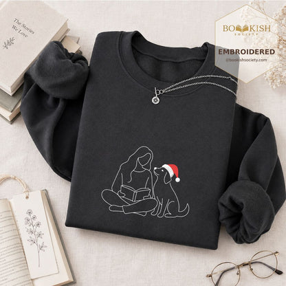 Reading With My Dog Christmas Embroidered Sweatshirt | Dog Lover Reader Gift Dark Heather