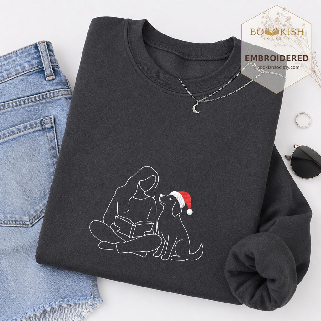 Reading With My Dog Christmas Embroidered Sweatshirt | Dog Lover Reader Gift Dark Heather