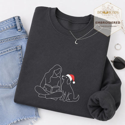Reading With My Dog Christmas Embroidered Sweatshirt | Dog Lover Reader Gift Dark Heather