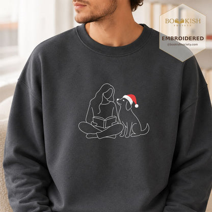 Reading With My Dog Christmas Embroidered Sweatshirt | Dog Lover Reader Gift Dark Heather
