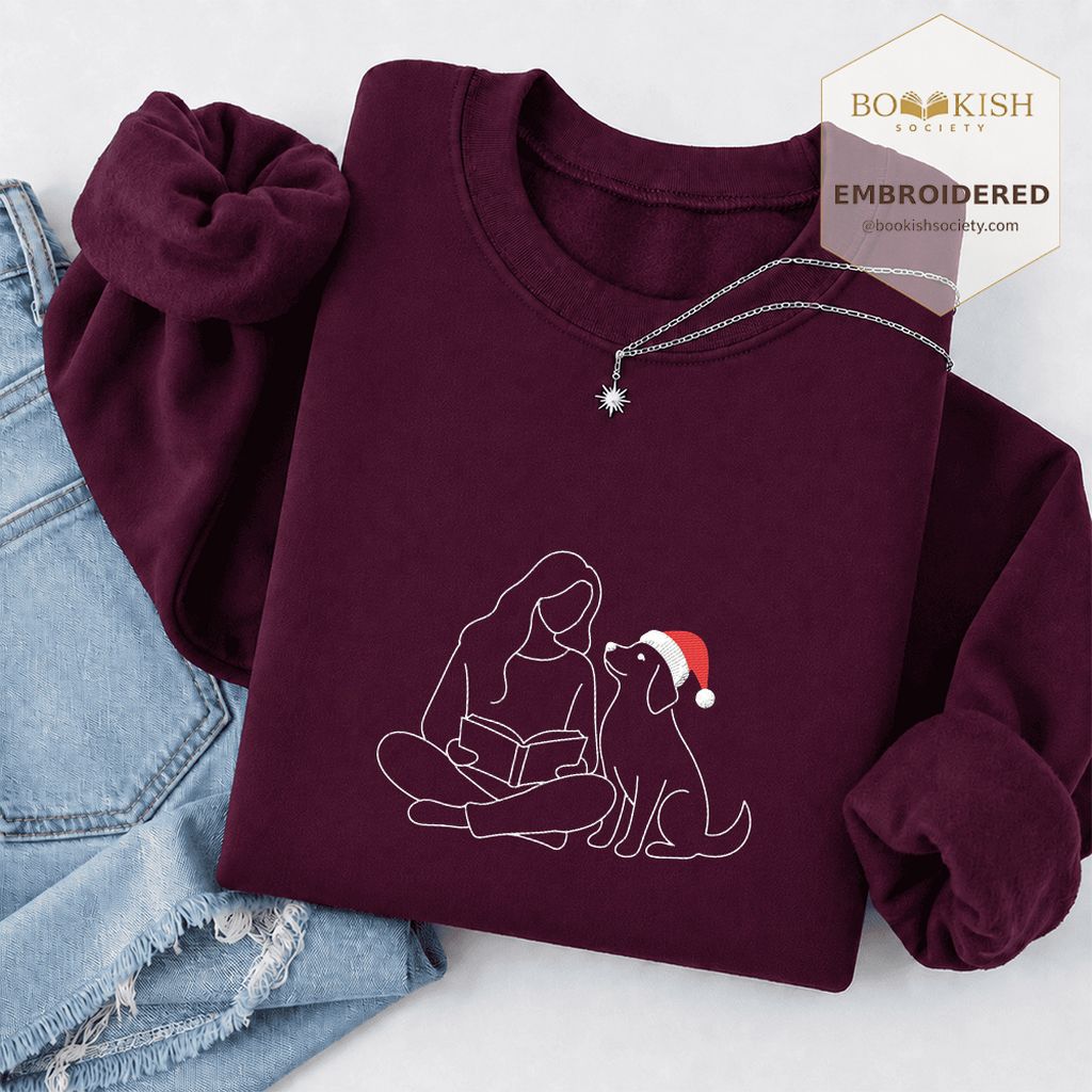 Reading With My Dog Christmas Embroidered Sweatshirt | Dog Lover Reader Gift Maroon