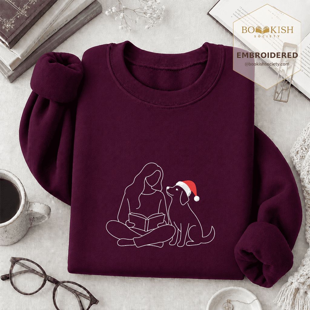 Reading With My Dog Christmas Embroidered Sweatshirt | Dog Lover Reader Gift Maroon