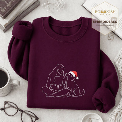 Reading With My Dog Christmas Embroidered Sweatshirt | Dog Lover Reader Gift Maroon