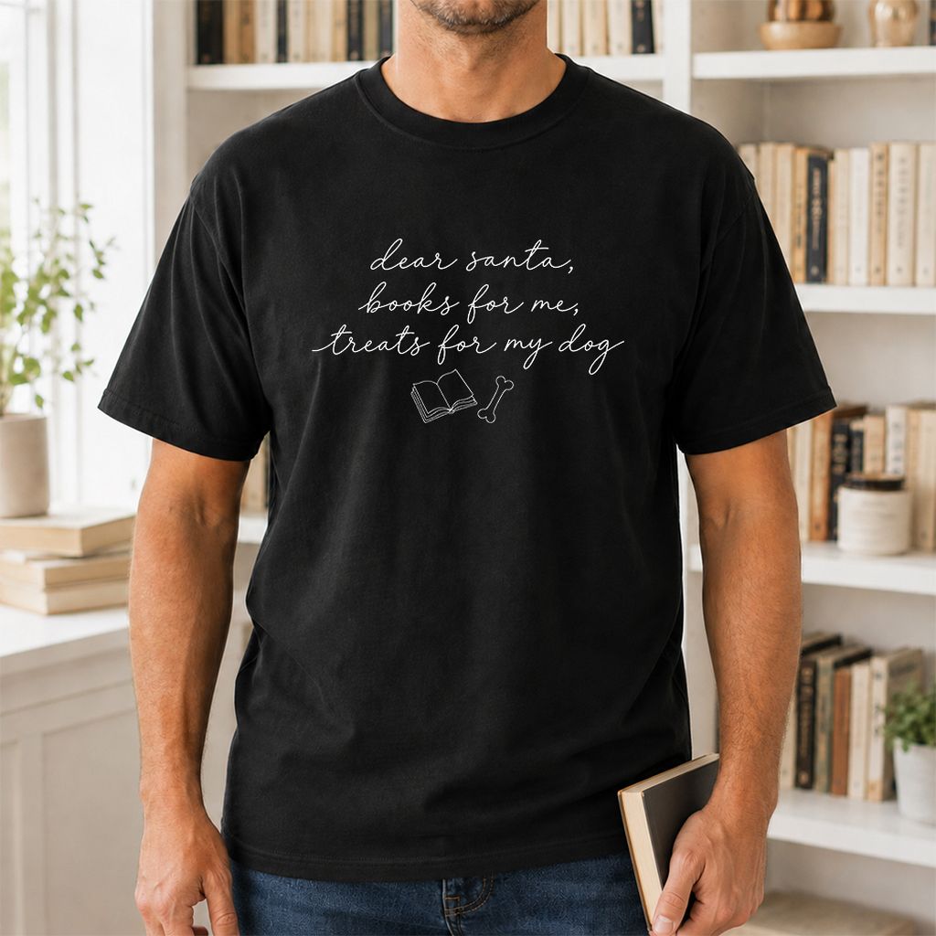 Dear Santa Books And Dog Treats Printed T-Shirt | Dog Lover Reader Gift Black