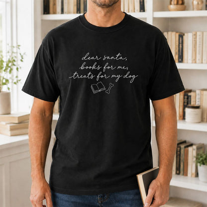 Dear Santa Books And Dog Treats Printed T-Shirt | Dog Lover Reader Gift Black
