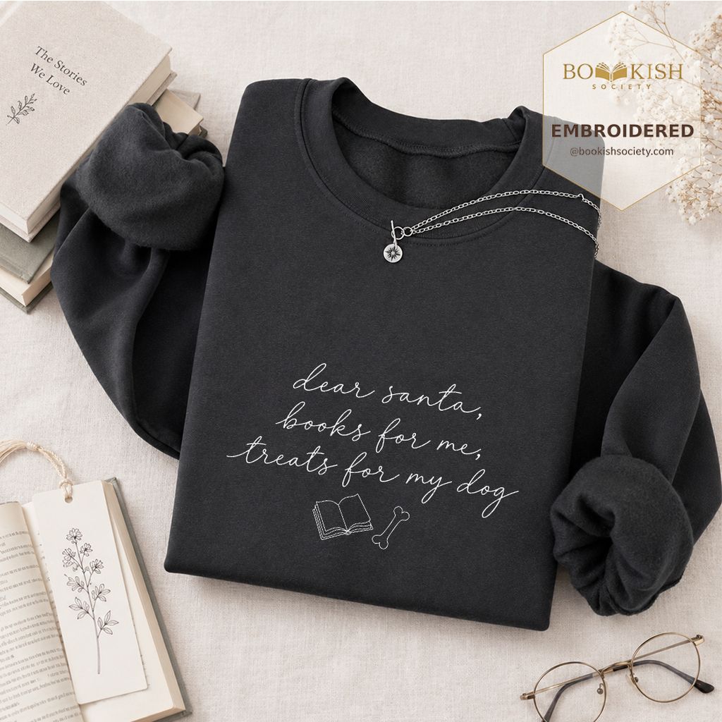 Dear Santa Books And Dog Treats Embroidered Sweatshirt | Dog Lover Reader Gift Dark Heather
