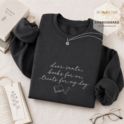 Dear Santa Books And Dog Treats Embroidered Sweatshirt | Dog Lover Reader Gift Dark Heather