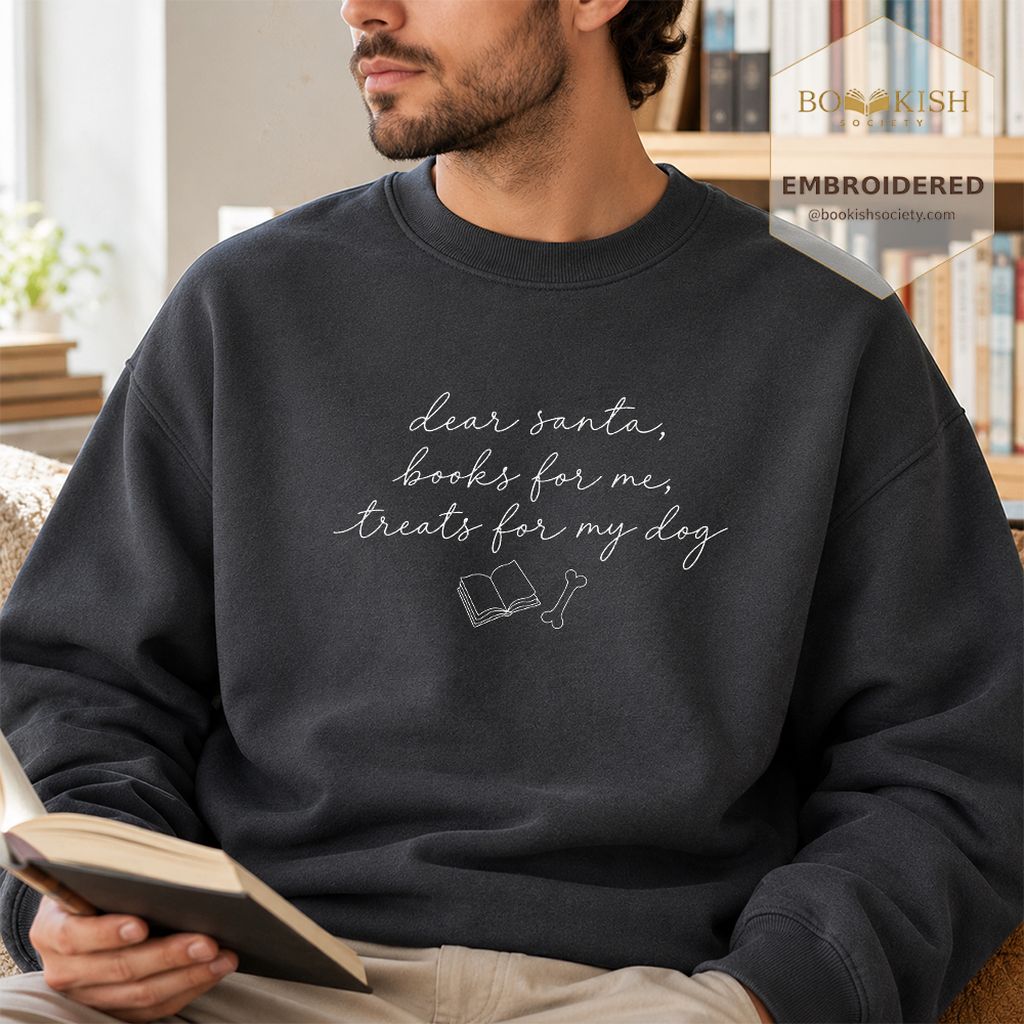 Dear Santa Books And Dog Treats Embroidered Sweatshirt | Dog Lover Reader Gift Dark Heather