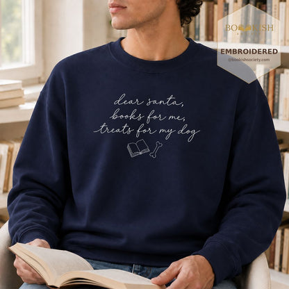 Dear Santa Books And Dog Treats Embroidered Sweatshirt | Dog Lover Reader Gift Navy