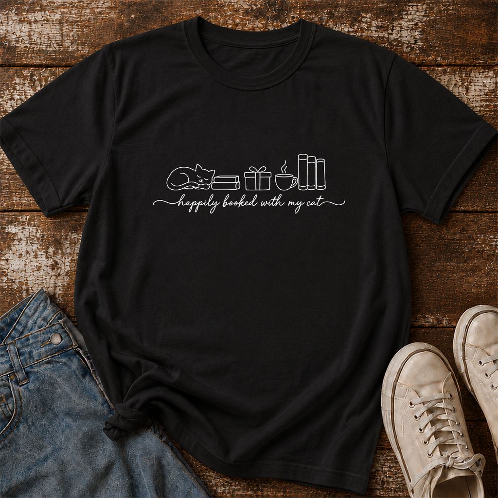 Happily Booked With My Cat Printed T-Shirt | Cat Lover Reader Gift Black