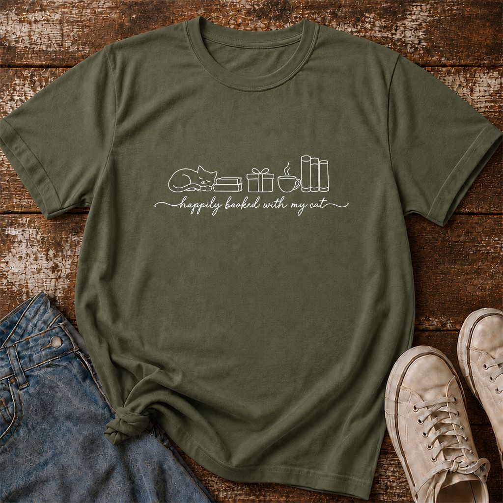 Happily Booked With My Cat Printed T-Shirt | Cat Lover Reader Gift Military Green