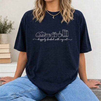 Happily Booked With My Cat Printed T-Shirt | Cat Lover Reader Gift Navy