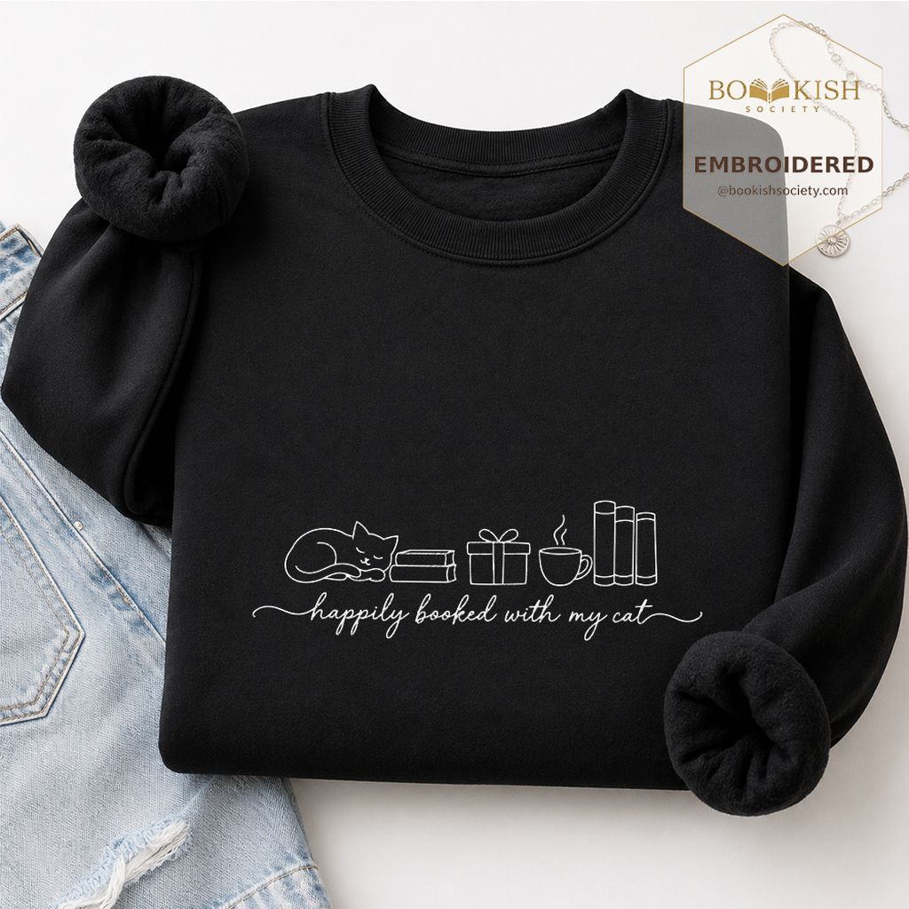 Happily Booked With My Cat Embroidered Sweatshirt | Cat Lover Reader Gift Black
