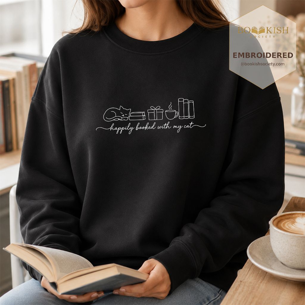 Happily Booked With My Cat Embroidered Sweatshirt | Cat Lover Reader Gift Black