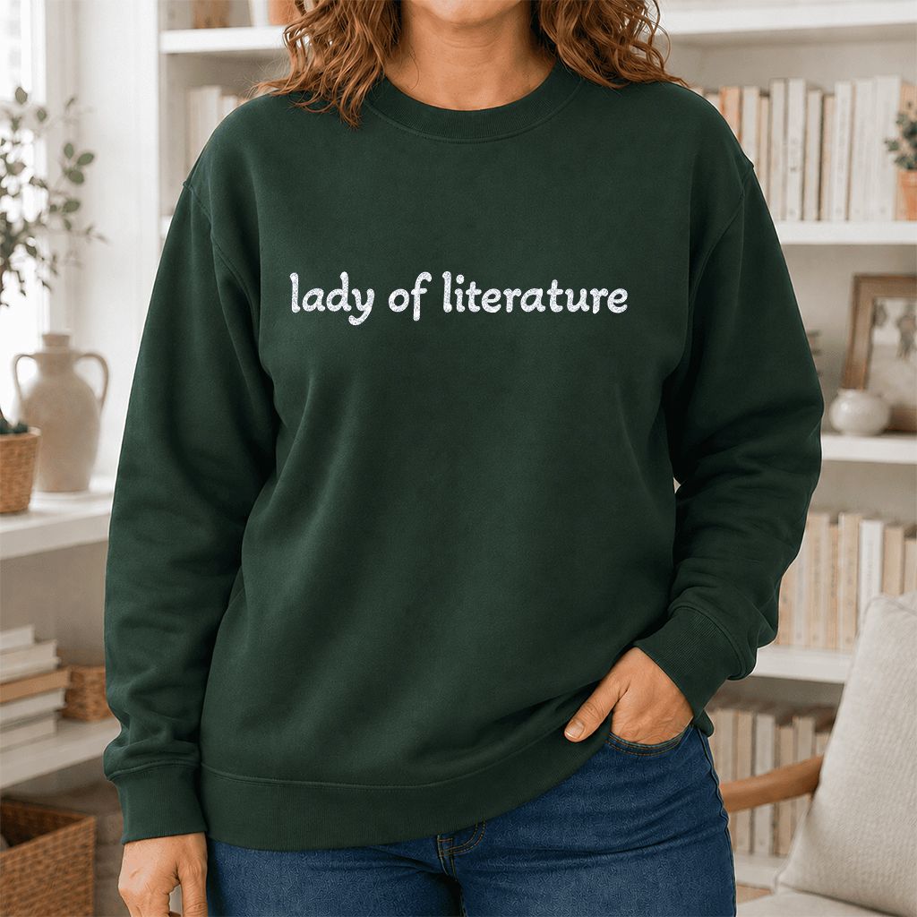 Lady Of Literature Glitter Print Sweatshirt | Book Lover Gift Forest Green