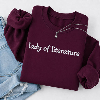 Lady Of Literature Glitter Print Sweatshirt | Book Lover Gift Maroon