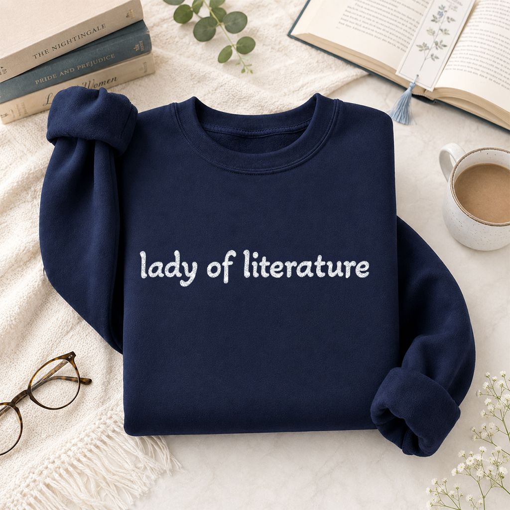 Lady Of Literature Glitter Print Sweatshirt | Book Lover Gift Navy