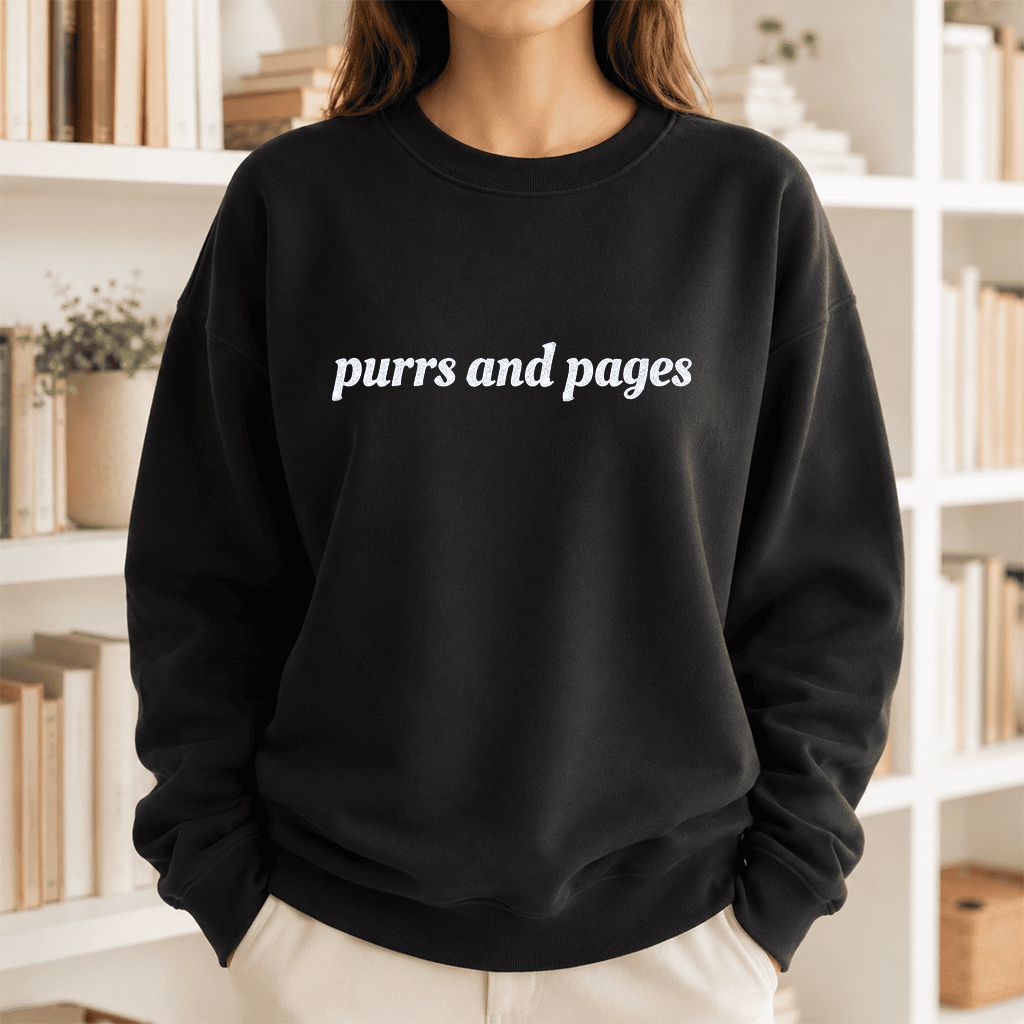 Purrs And Pages Glitter Print Sweatshirt | Cat Lover Reader Gift Black