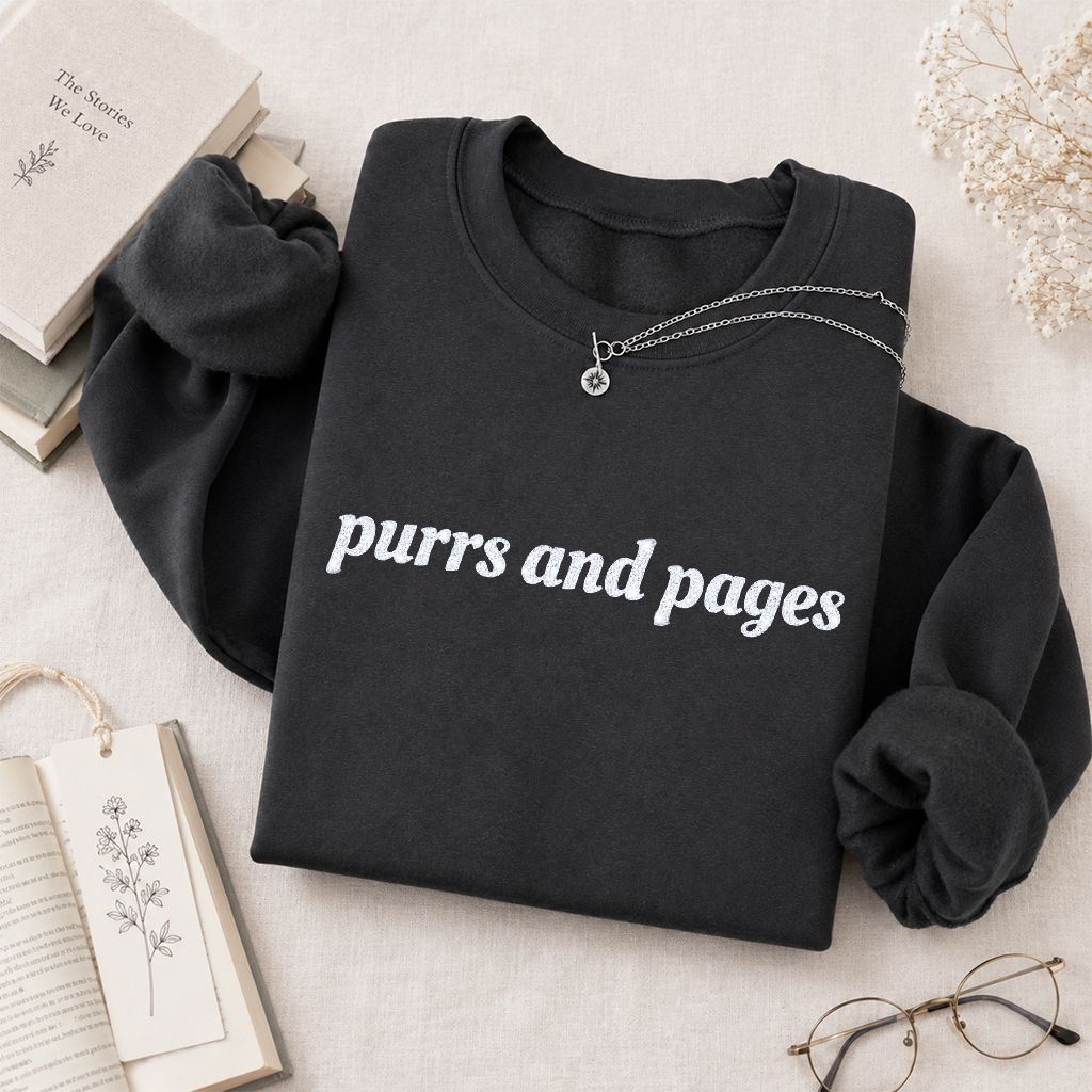 Purrs And Pages Glitter Print Sweatshirt | Cat Lover Reader Gift Dark Heather