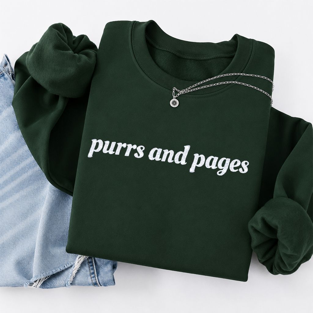Purrs And Pages Glitter Print Sweatshirt | Cat Lover Reader Gift Forest Green