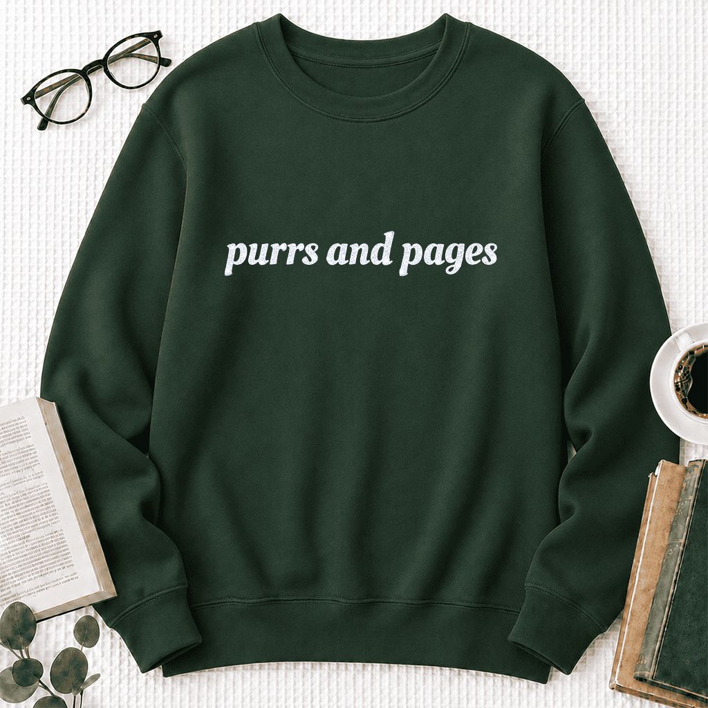 Purrs And Pages Glitter Print Sweatshirt | Cat Lover Reader Gift Forest Green