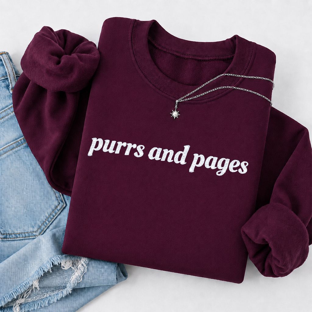 Purrs And Pages Glitter Print Sweatshirt | Cat Lover Reader Gift Maroon