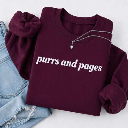 Purrs And Pages Glitter Print Sweatshirt | Cat Lover Reader Gift Maroon