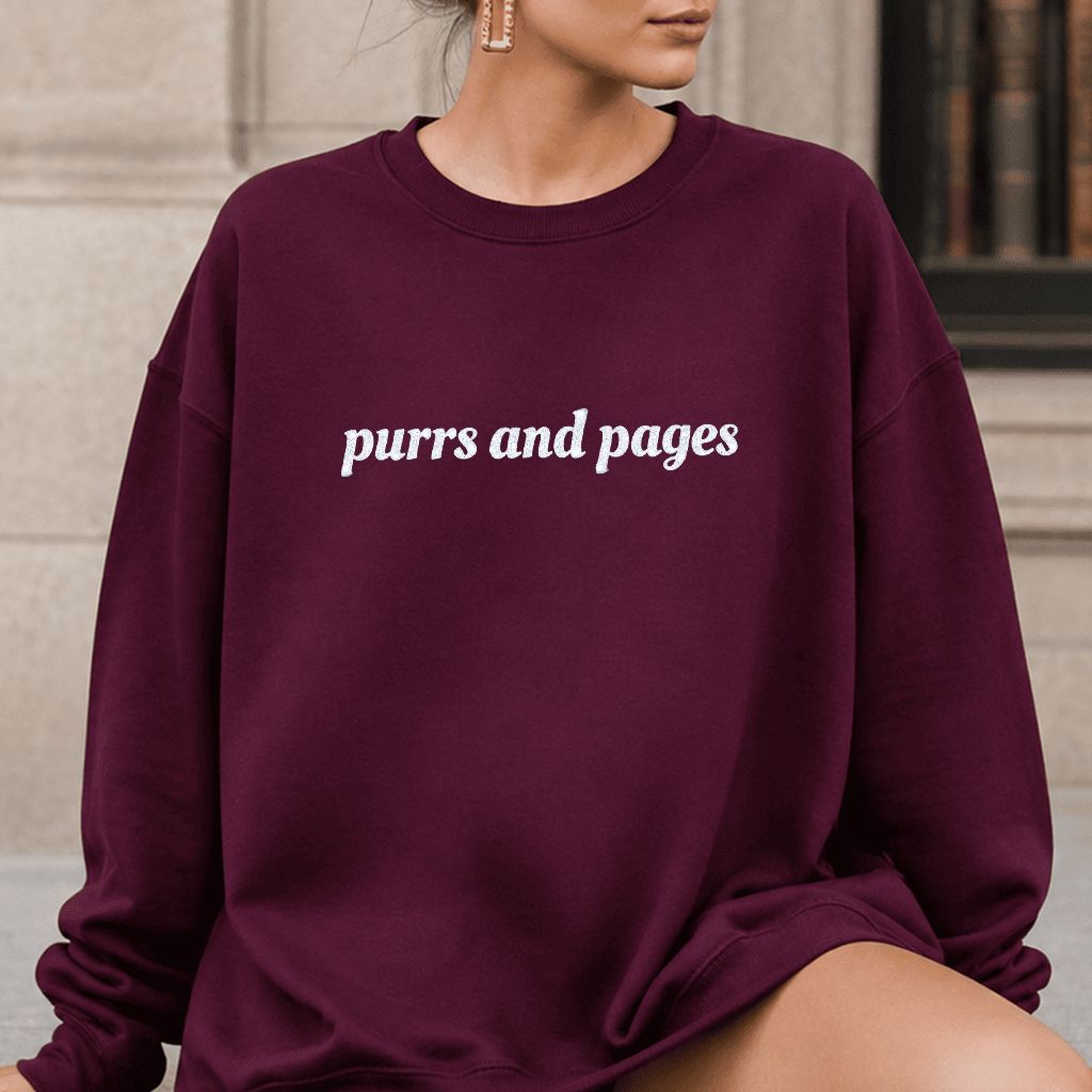Purrs And Pages Glitter Print Sweatshirt | Cat Lover Reader Gift Maroon