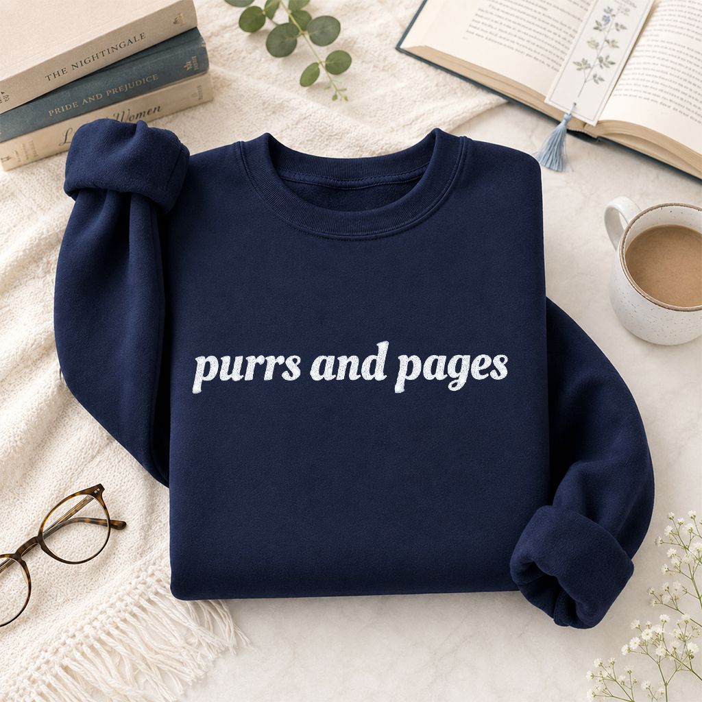 Purrs And Pages Glitter Print Sweatshirt | Cat Lover Reader Gift Navy