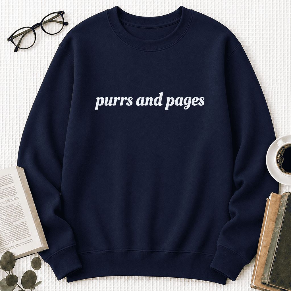 Purrs And Pages Glitter Print Sweatshirt | Cat Lover Reader Gift Navy