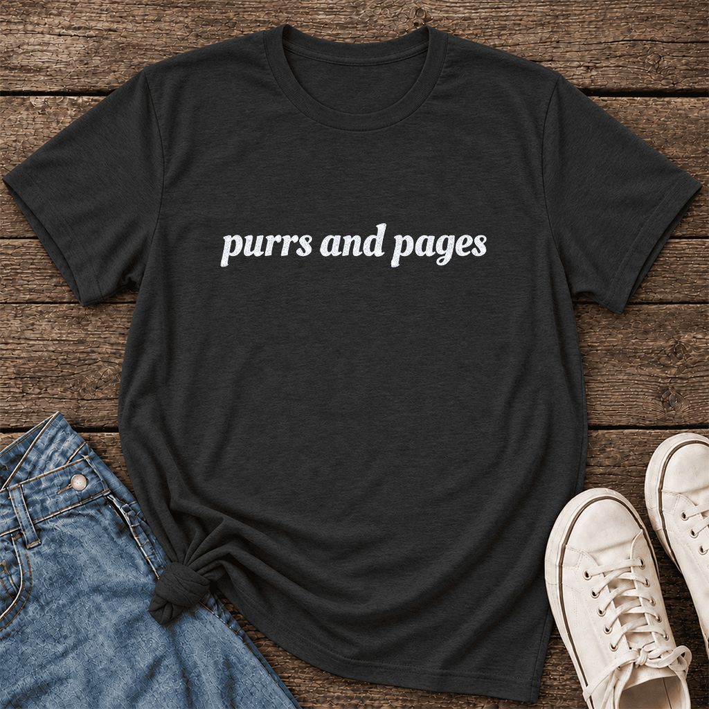 Purrs And Pages Glitter Print T-Shirt | Cat Lover Reader Gift Black Heather
