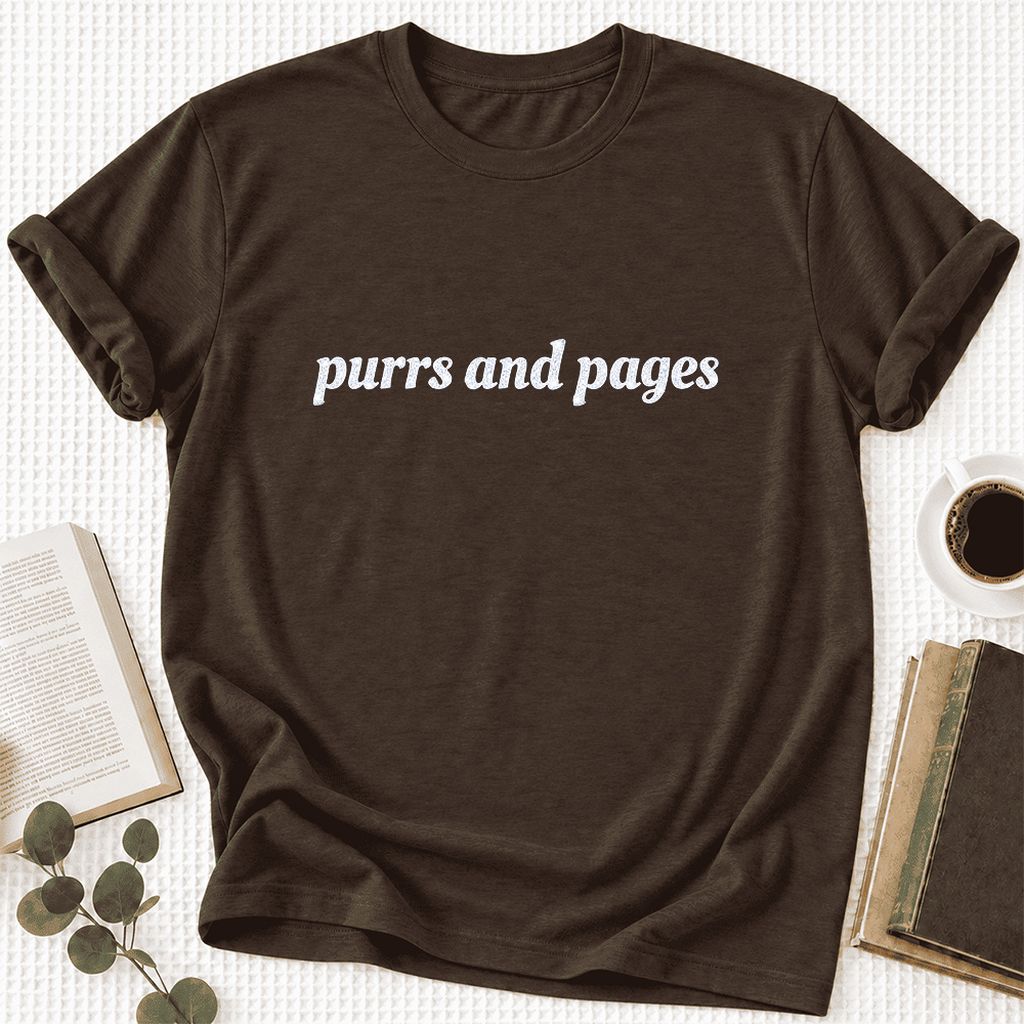 Purrs And Pages Glitter Print T-Shirt | Cat Lover Reader Gift Brown