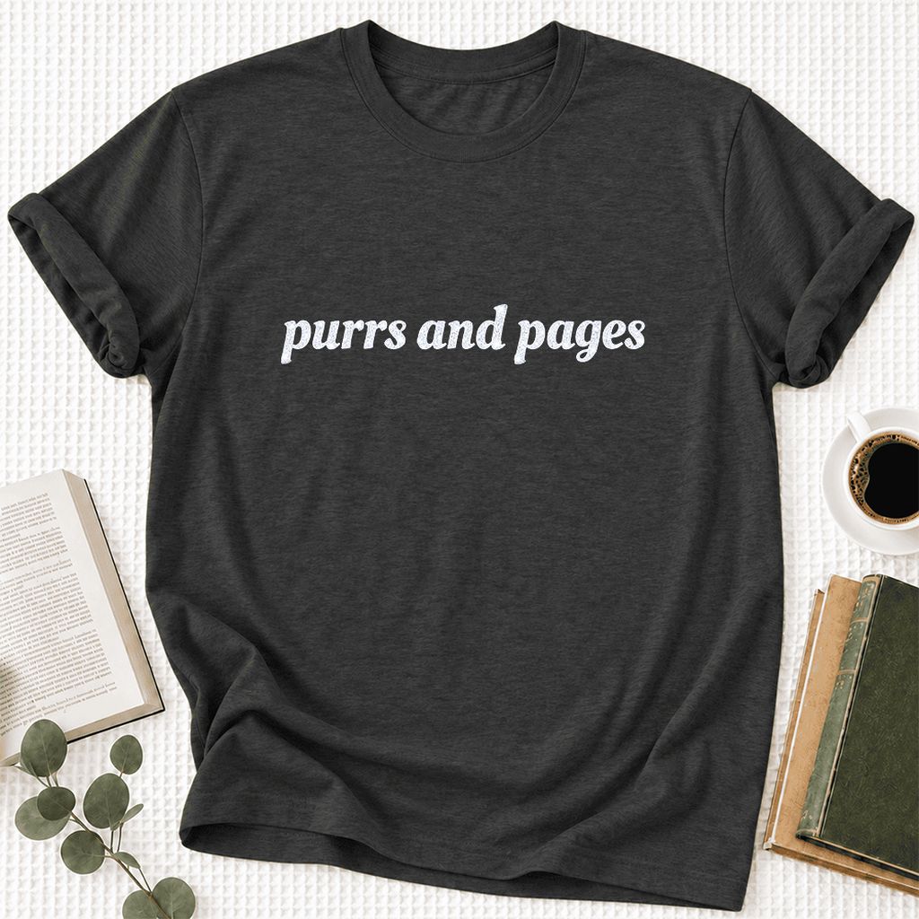 Purrs And Pages Glitter Print T-Shirt | Cat Lover Reader Gift Dark Grey Heather
