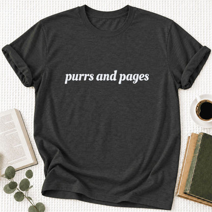 Purrs And Pages Glitter Print T-Shirt | Cat Lover Reader Gift Dark Grey Heather