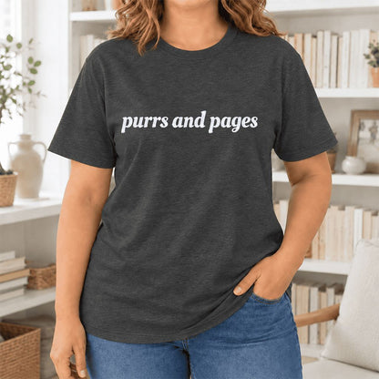 Purrs And Pages Glitter Print T-Shirt | Cat Lover Reader Gift Dark Grey Heather