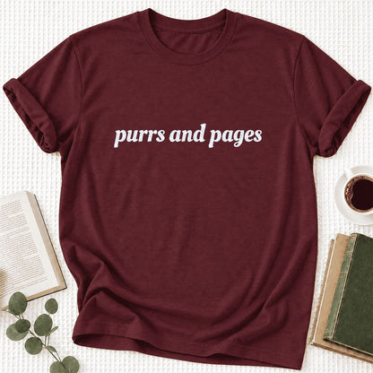 Purrs And Pages Glitter Print T-Shirt | Cat Lover Reader Gift Maroon