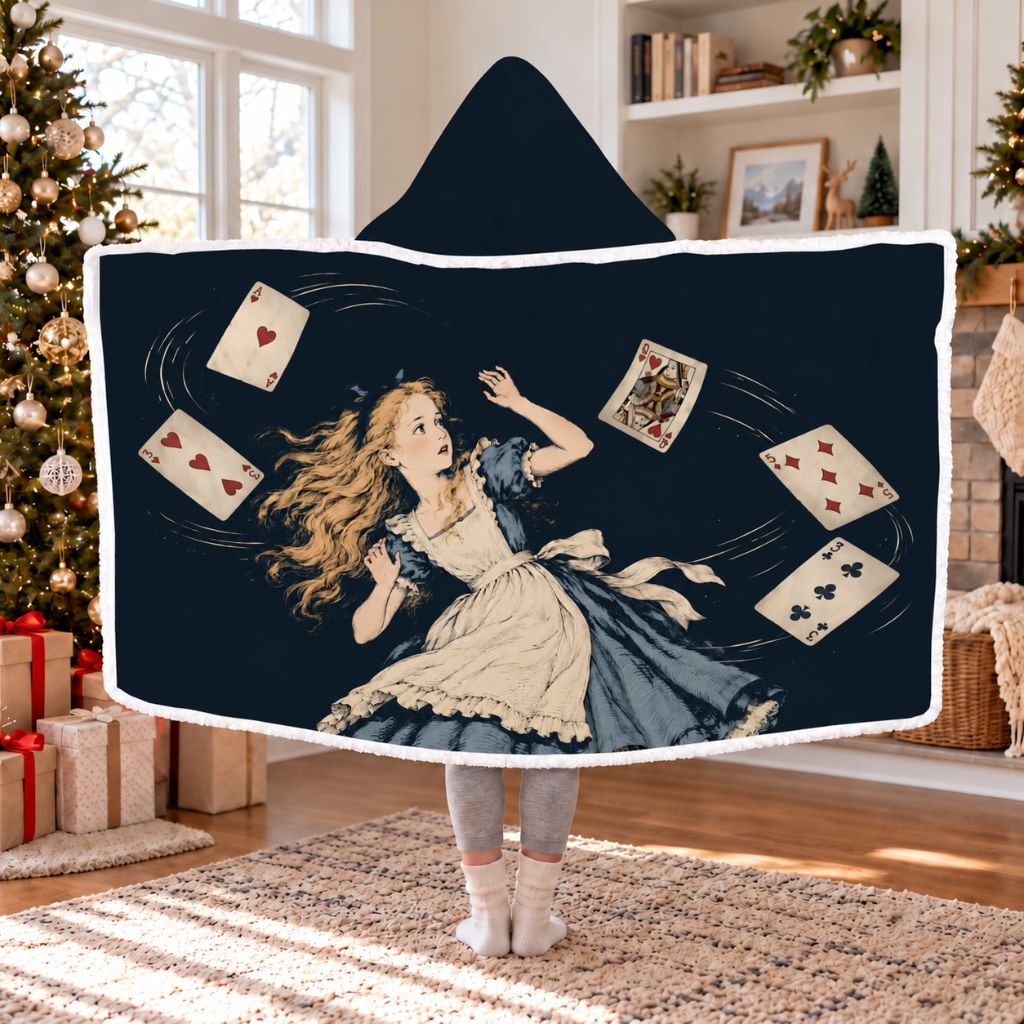 Alice In Wonderland Shower Of Cards Sherpa Hooded Blanket | Classic Reader Gift White