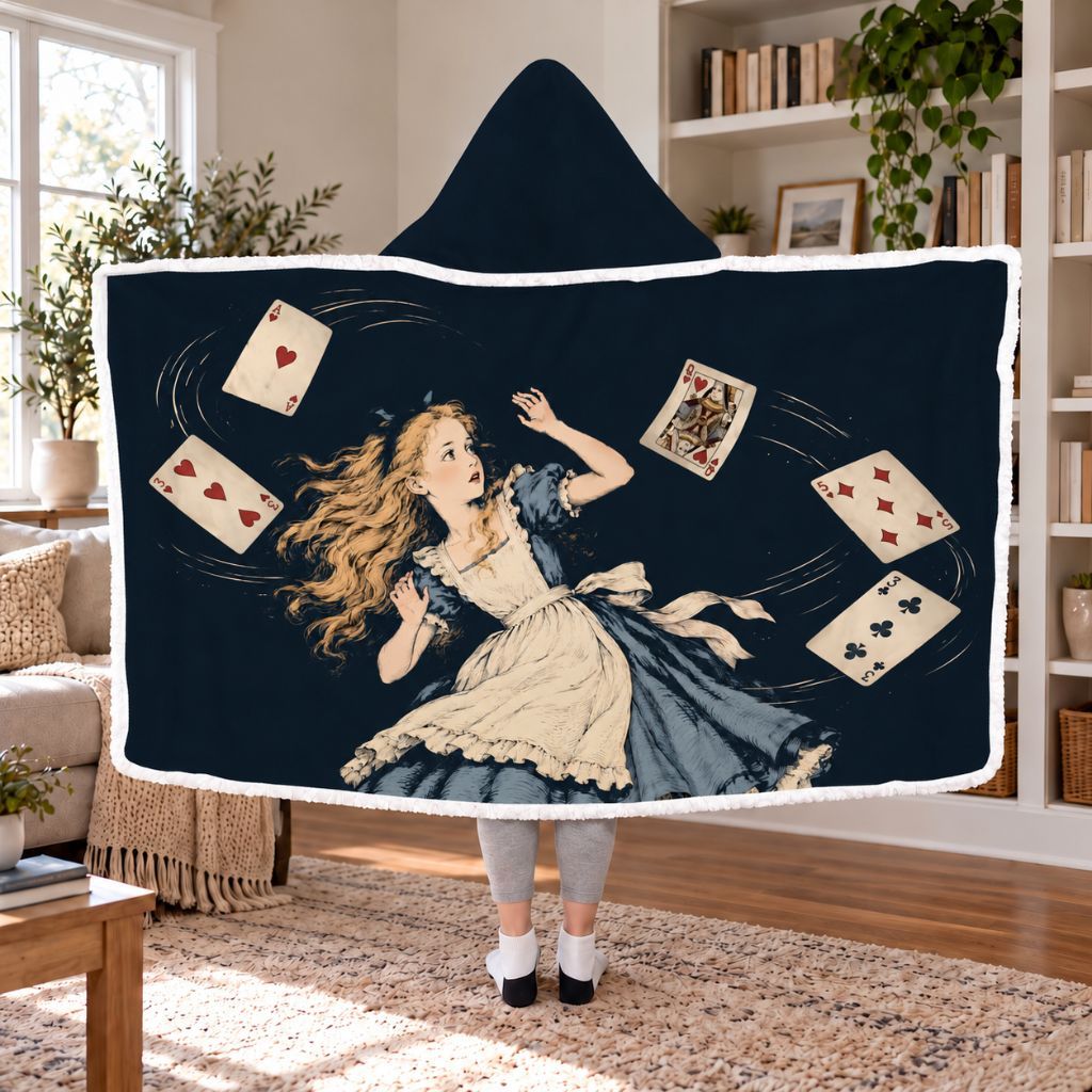 Alice In Wonderland Shower Of Cards Sherpa Hooded Blanket | Classic Reader Gift White