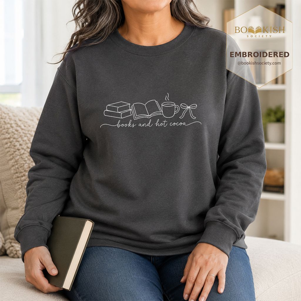 Books And Hot Cocoa Embroidered Sweatshirt | Cozy Reader Gift Dark Heather