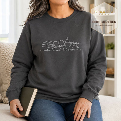 Books And Hot Cocoa Embroidered Sweatshirt | Cozy Reader Gift Dark Heather