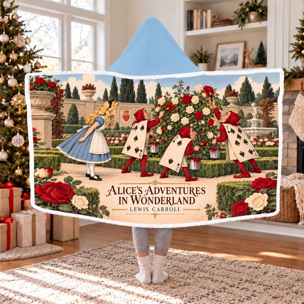 Alice's Adventures In Wonderland Sherpa Hooded Blanket | Classic Reader Gift White