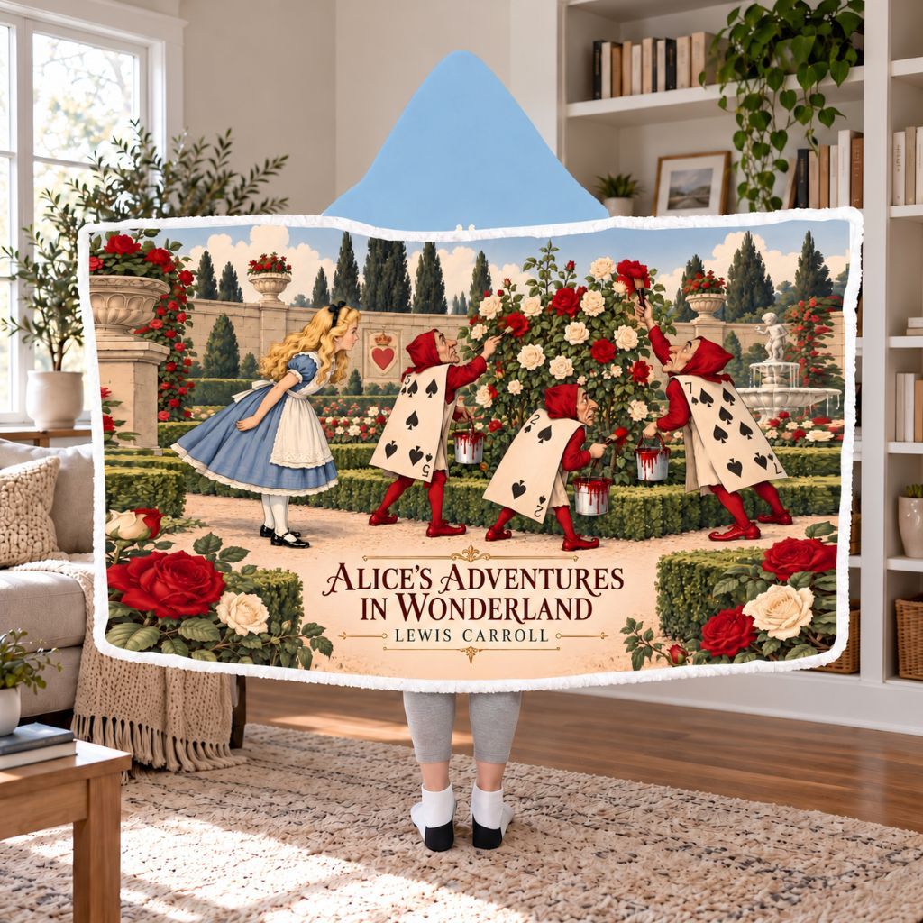 Alice's Adventures In Wonderland Sherpa Hooded Blanket | Classic Reader Gift White