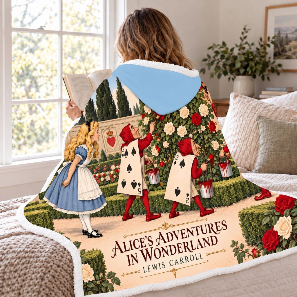 Alice's Adventures In Wonderland Sherpa Hooded Blanket | Classic Reader Gift White