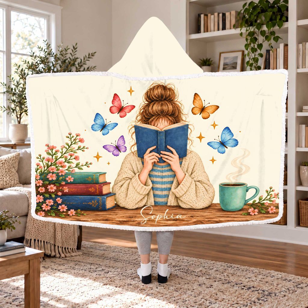 Custom Name Reading Woman Sherpa Hooded Blanket | Book Lover Gift White