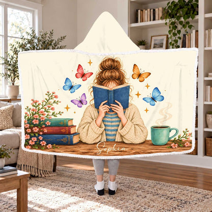 Custom Name Reading Woman Sherpa Hooded Blanket | Book Lover Gift White