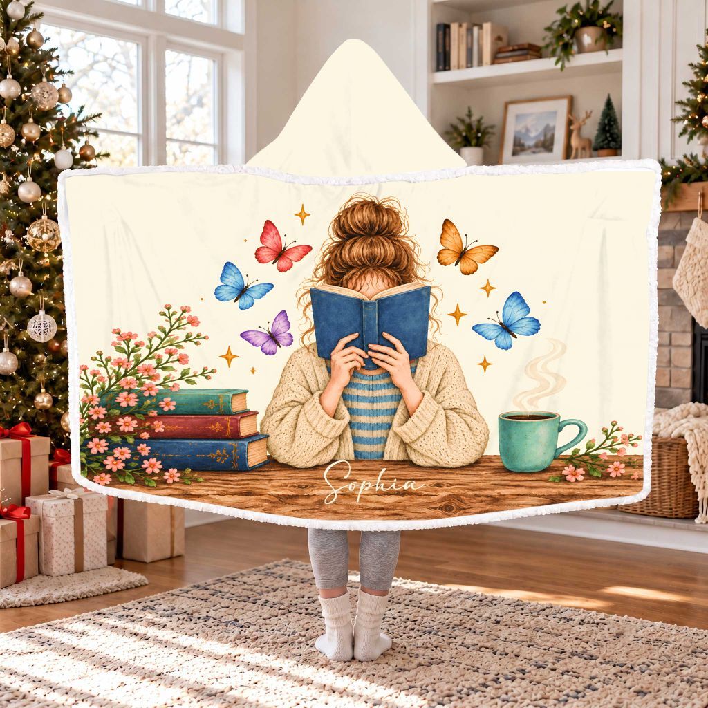 Custom Name Reading Woman Sherpa Hooded Blanket | Book Lover Gift White