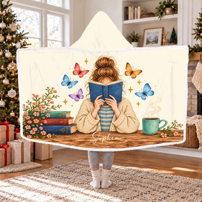 Custom Name Reading Woman Sherpa Hooded Blanket | Book Lover Gift White