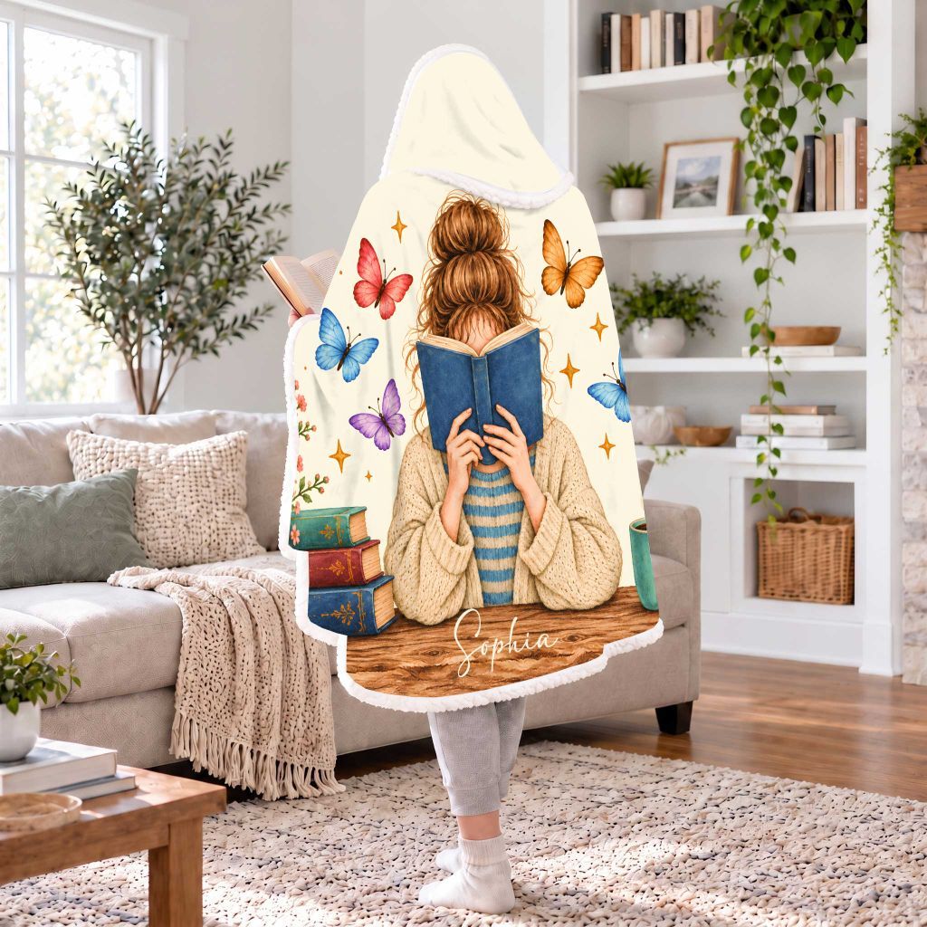 Custom Name Reading Woman Sherpa Hooded Blanket | Book Lover Gift White