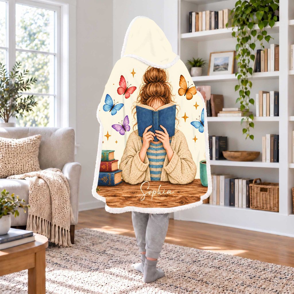 Custom Name Reading Woman Sherpa Hooded Blanket | Book Lover Gift White